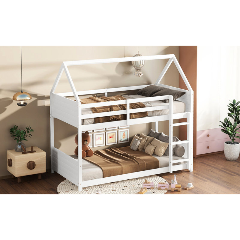 Lit simple au-dessus d'un lit superposé blanc avec têtes de lit - pieds de lit et garde-corps en bois d'hévéa, Blanc