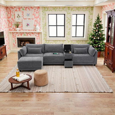 Canapé modulaire en L de 124 po avec console de rangement, repose-pieds mobile et revêtement en chenille