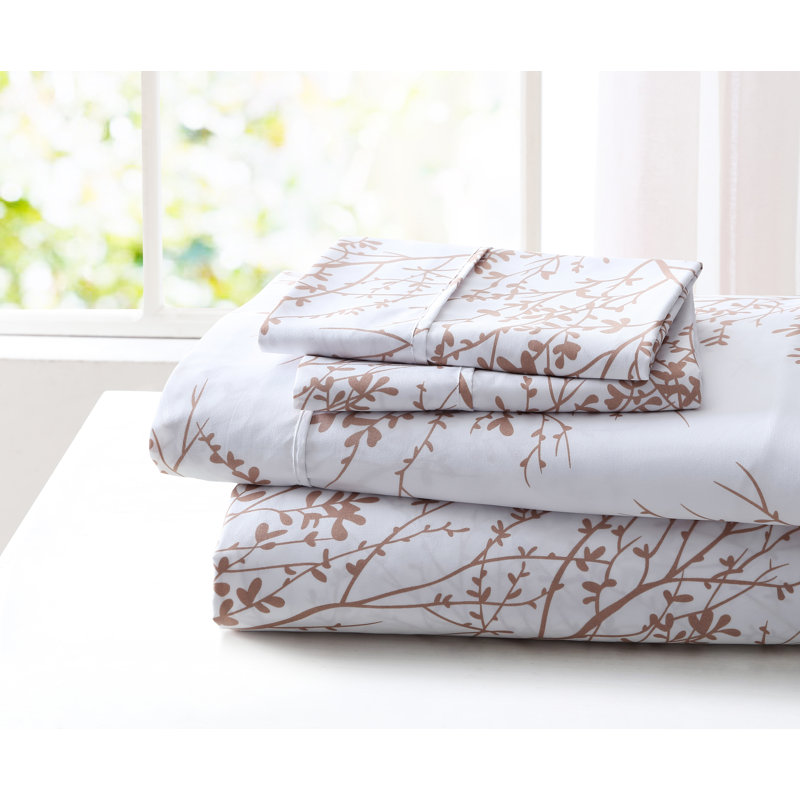 Microfiber Floral Sheet Set, Queen Sheet Set + 1 Fitted Sheet + 2 Pillowcases, White/Taupe