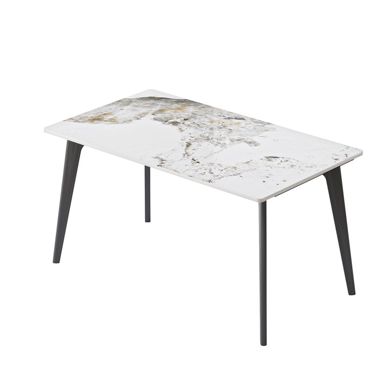 Table de salle à manger 55,12 po en pierre artificielle moderne à bord droit et pieds en métal noir pouvant accueillir 6 personnes (table de salle à manger seulement)