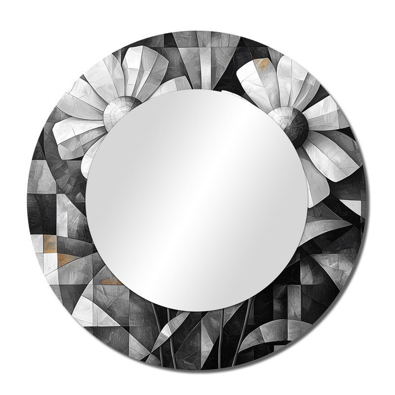 Monochrome Delicate Geometric Wildflowers - Floral Mirror Wall Decor - Printed On Metal, 36" x 36"