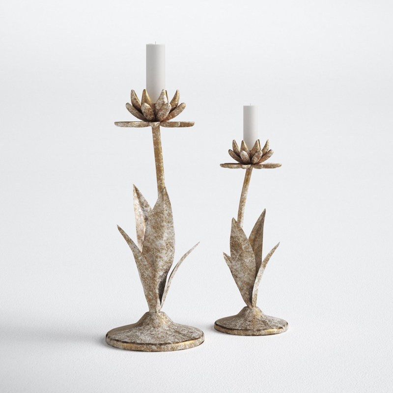 Distressed Gold Metal Flower Taper Candle Holders, Set of 2