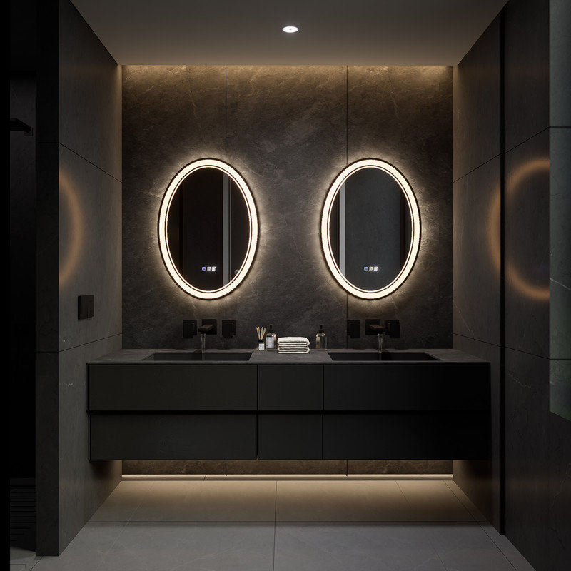 Élégant miroir de salle de bain à DEL avec options de gradation et de désembuage, 28 po x 20 po, Ovale