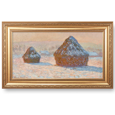 «Wheatstacks, Snow Effect, Morning» par Claude Monet, reproductions d'art classiques du monde, art encadré pour HomeDecor, taille de l'image: 30 x 16 po, largeur du cadre en relief doré: 36 x 22 po