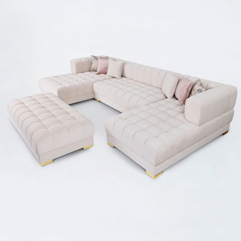 Canapé modulaire en U avec repose-pieds double Vela, Velours ivoire
