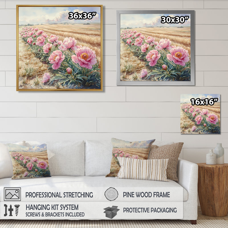 Pivoines par le champ de récoltes III - pivoines, art mural, Argent argent, H 16 po x l 16 po, Picture Framed