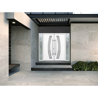 Porte d'entrée extérieure prémontée en métal, double porte 6500, émail blanc, verre dépoli, 2 impostes latérales, style moderne, peinte, ouverture vers l'intérieur à gauche, 96 x 80