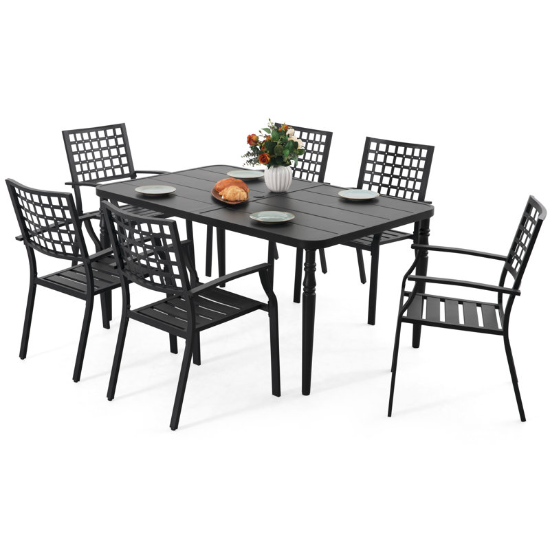 7-piece Outdoor Dining Set With Umbrella Hole, Stackable Chairs, Black