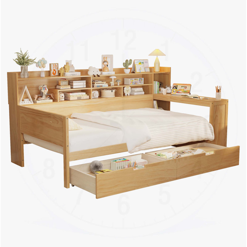  Lit de jour en bois avec tablettes de rangement, tiroirs et bureau d'étude pour une utilisation multifonctionnelle, Naturel