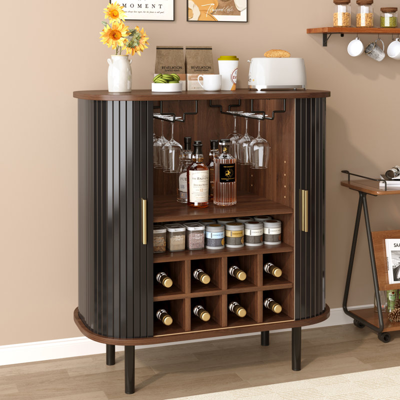 Fluted Wine Bar Cabinet with 8-Grid Wine Rack, Black