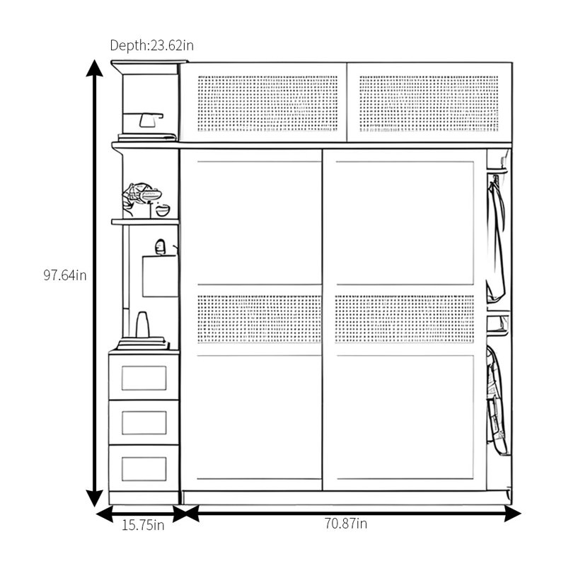 Armoire rétro en rotin tissé classique, H 97,64 po x l 86,61 po x P 23,62 po
