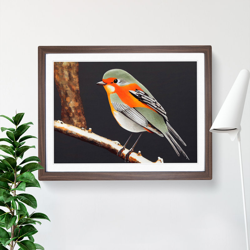 Enchanting Robin Bird 1 Piece Single Picture Frame Wall Art, 34cm H x 46cm W x 2cm D, Walnut Framed