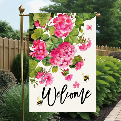 Geranium & Bee Welcome Watercolor Double Sided Garden Flag, 12X18 inch