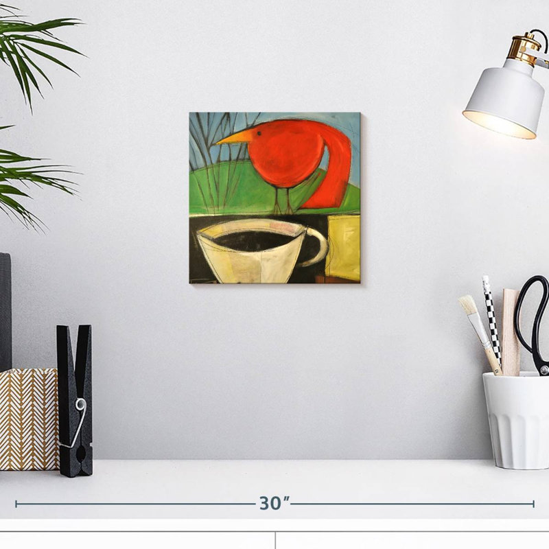 Café Brampt et oiseau rouge, H 10 po x l 10 po