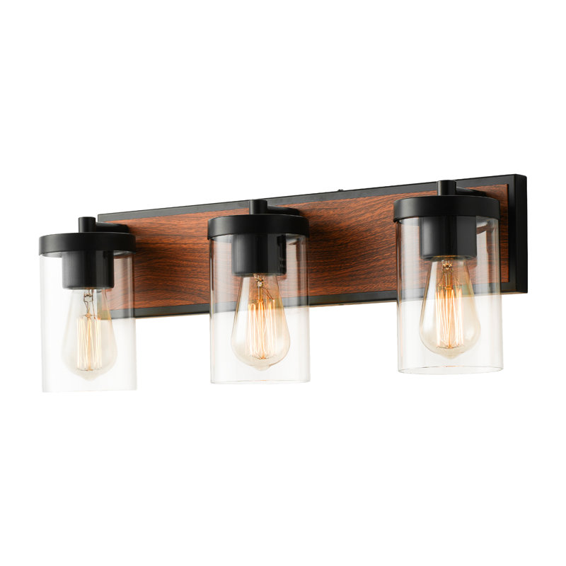 Cleofas 3-Light Bathroom Vanity Light Fixture with Clear Glass Shade, 3 Lights, Matte Black/Wood Grain