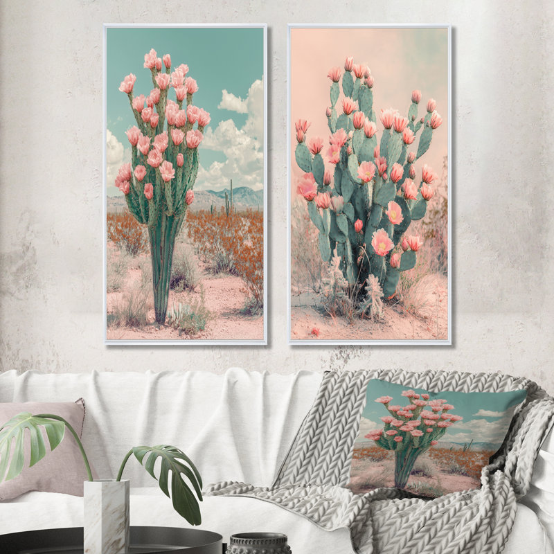 Pastel cactus en fleurs dans le désert III - art mural floral 2 panneaux, H 40 po x l 41 po, Cadre flottant blanc