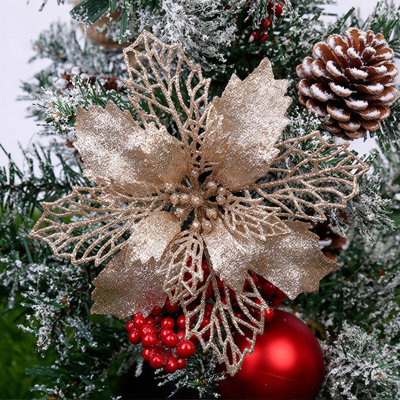 12 Pcs Christmas Glitter Poinsettia Faux Flowers
