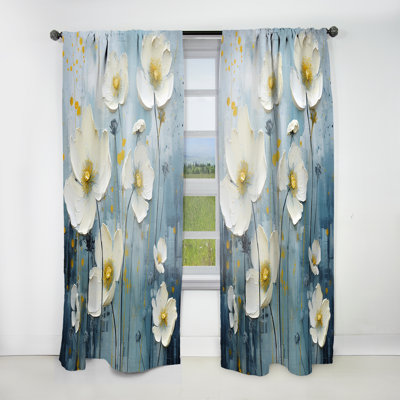 Gennero White And Blue Buttercups Minimalism I - Traditional Curtain - Velvet Room Darkening - 1 panel