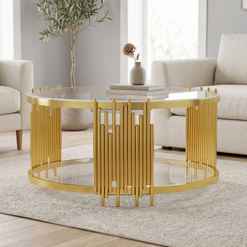 Bordeaux 35.4" Wide 2-Tier Round Glass Top Coffee Tables with Storage For Living Room Center Table Living Room Table, Clear
