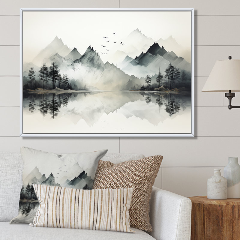 Aquarelle, rêve de lac et de forêt I, Cadre naturel flottant, H 12 po x l 20 po x P 1 po
