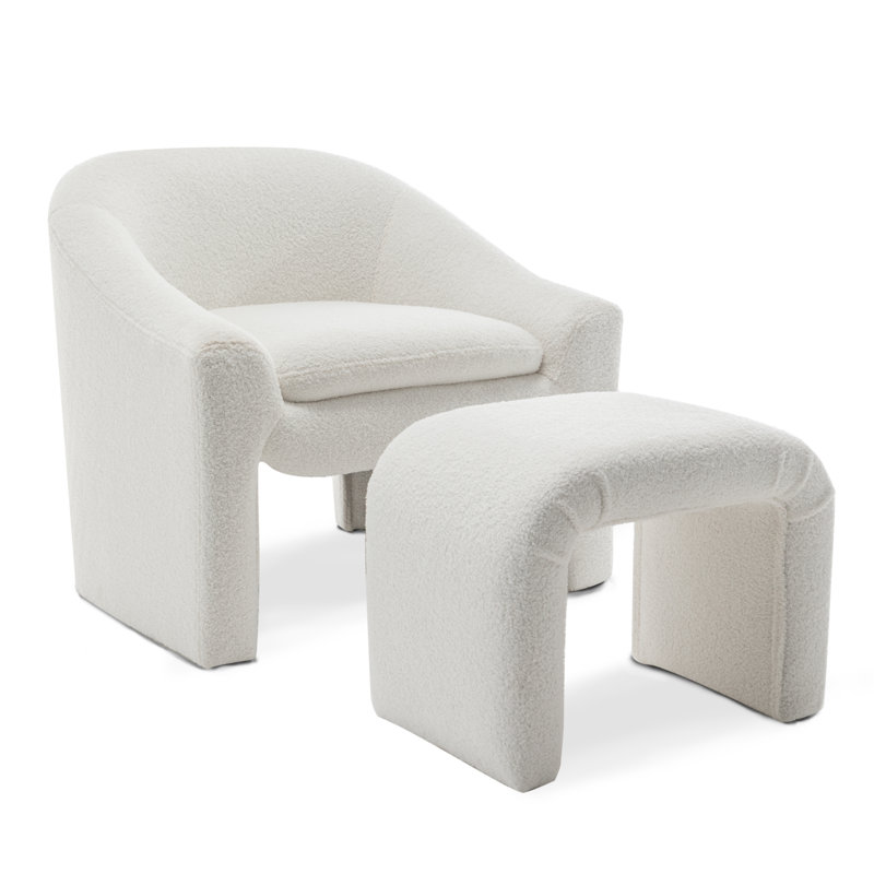 Ceard Upholstered Boucle Barrel Chair With Footstool, White