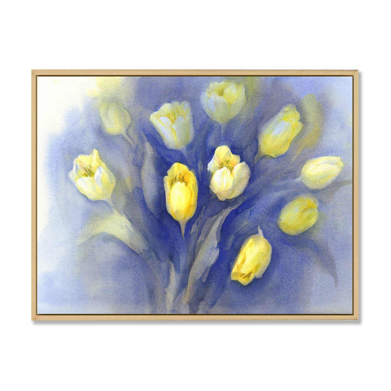 Tulipes sur bleu II - reproduction sur toile, H 30 po x l 40 po x P 1,5 po, Cadre naturel flottant