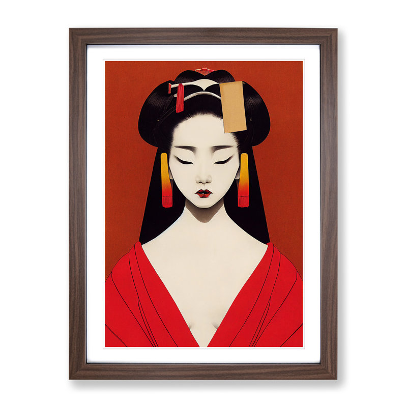 Symmetrical Geisha No.1 - Wall Art, 66cm H x 48cm W, Walnut Framed Paper, White