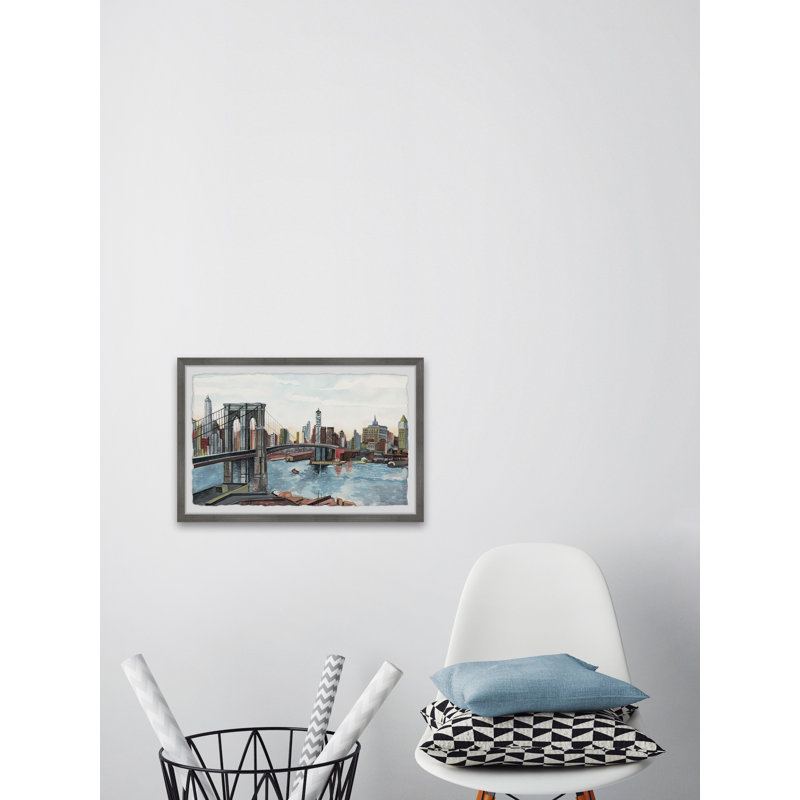 Pont vers la ville - Reproduction d'art sur papier encadrée, H 24 po x l 36 po x 1,5 po