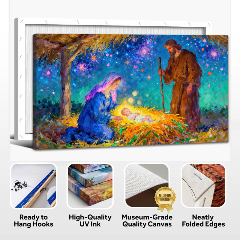 Grande décoration murale de crèche de Noël - Oh Sainte nuit, décoration murale, art de Noël sur toile de la Nativité pour le salon, reproduction de la toile de la Nativité avec cadre en pin, 24 po x 48 po