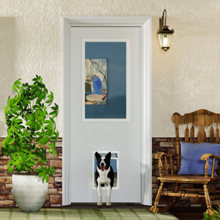 Exterior Doors - 1 Lite Transparent Glassed White MDF Front Door Slab With Large Pet Door