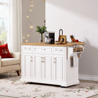 Rubber Wood Kitchen Island Cart With Drop Leaf Embossed Texture 4 Doors & 3 Drawers