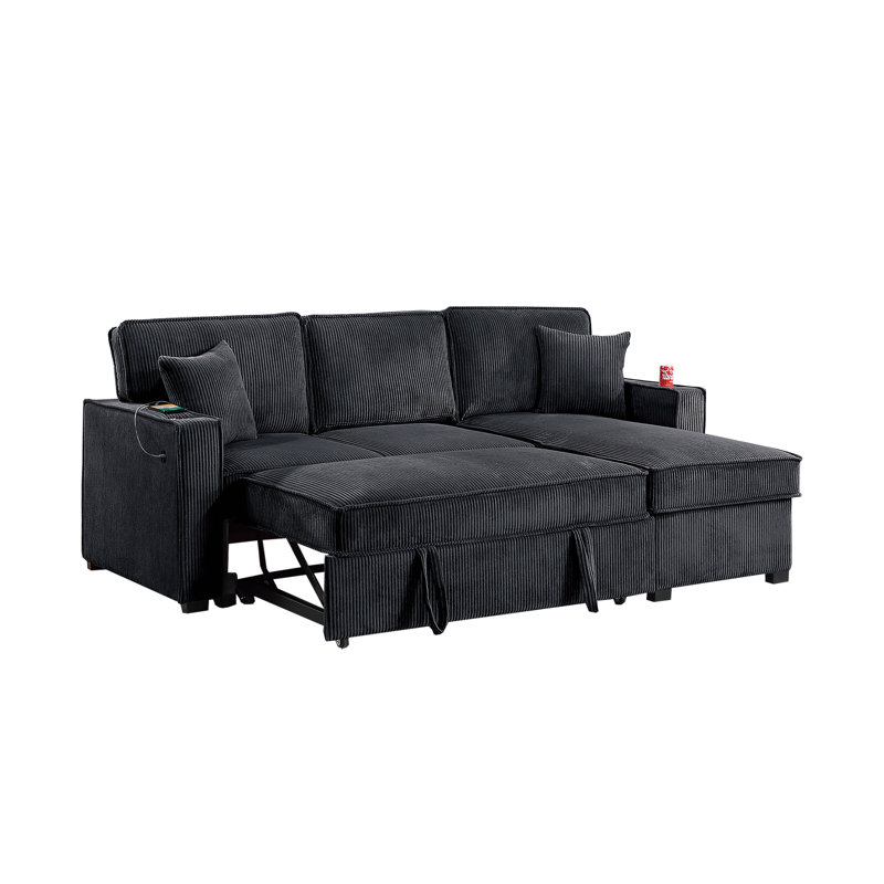 Contemporary Style Convertible Sectional Cup Holder Usb And Usb-C Port Storage Chaise Matching Pillows Pull Out Extension Black Finish Primary Living Room