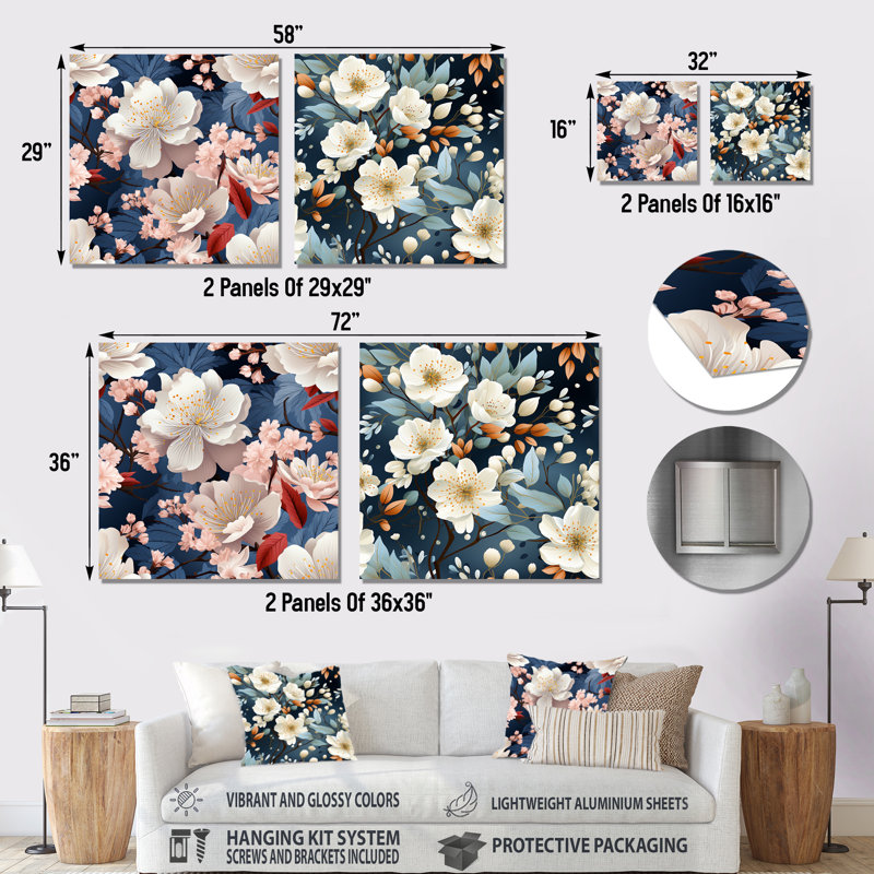 Eloane - Ensemble de 2 carrés décoratifs floraux en métal, H 29 po x l 58 po