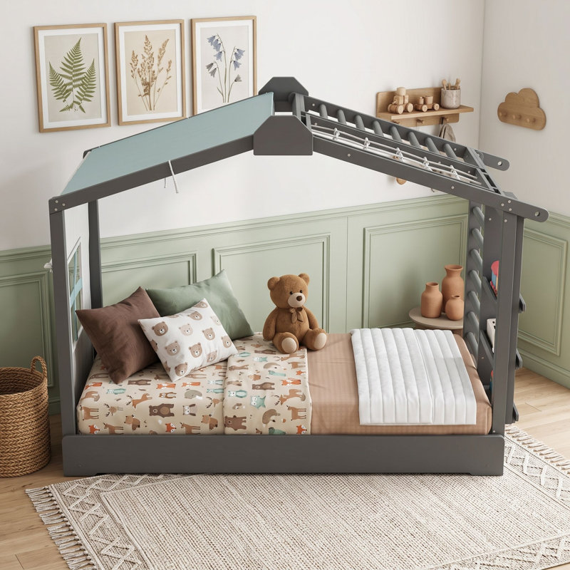 Lit simple en bois avec tablettes, lit gigogne et lattes, Grey