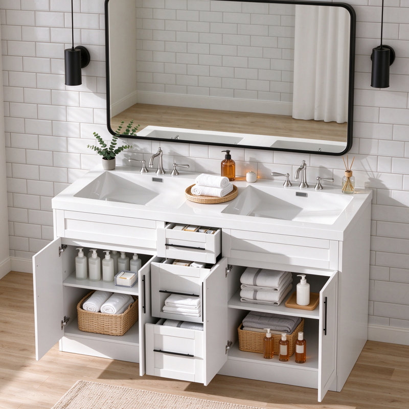Freestanding Standard Double Vanity Bathroom Vanity With Resin Top