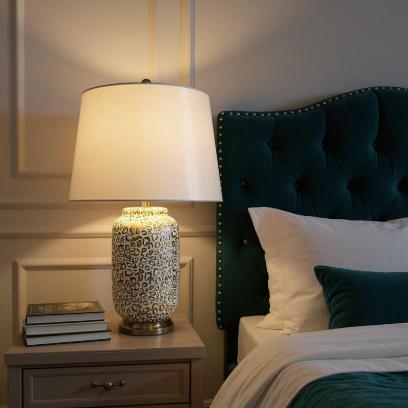 Elegant Textured Ceramic Table Lamp with Fabric Shade - Modern Hand Finished Base Warm Ambient Lighting for Home, Office Decor