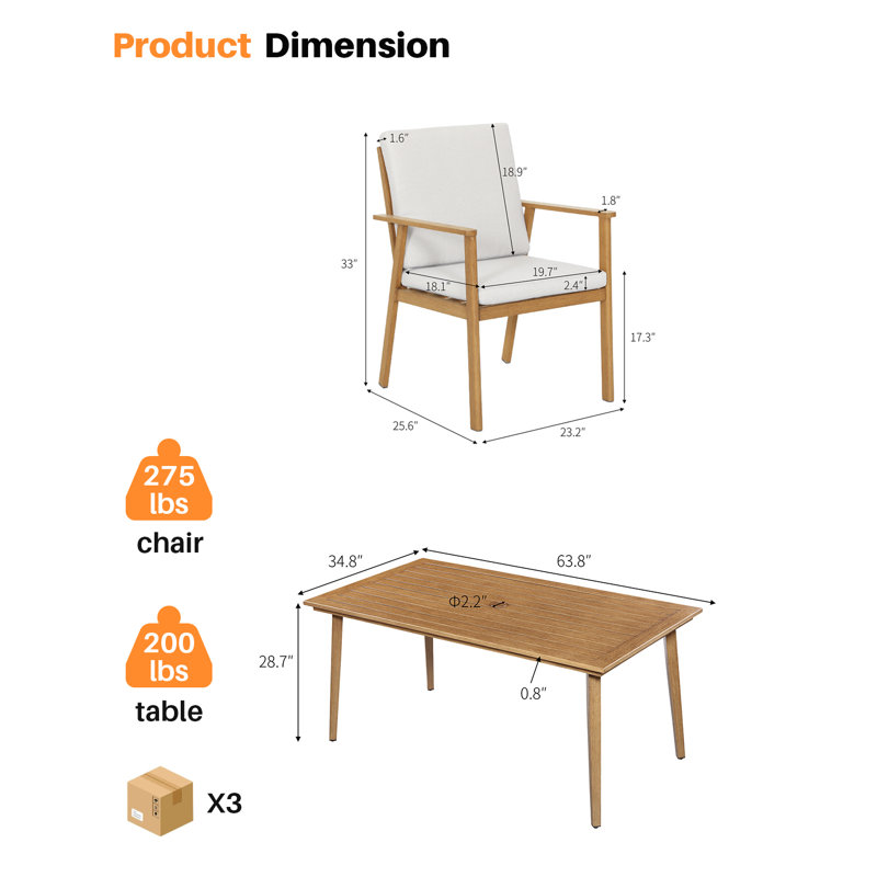 Seehill 7-Piece Aluminum Outdoor Dining Set, 6 Chairs & 63.8" Table With 2.2" Umbrella Hole, All-Weather Rust-Proof Patio Furniture For Patios, Luxury Villas, Brown