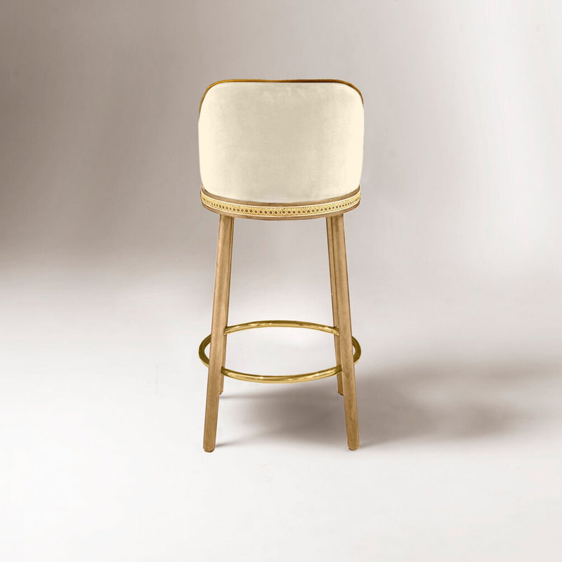 Alma Upholstered Stool with Solid Wood Frame, Bar Stool (30" Seat Height), Nuage, Satin Brass