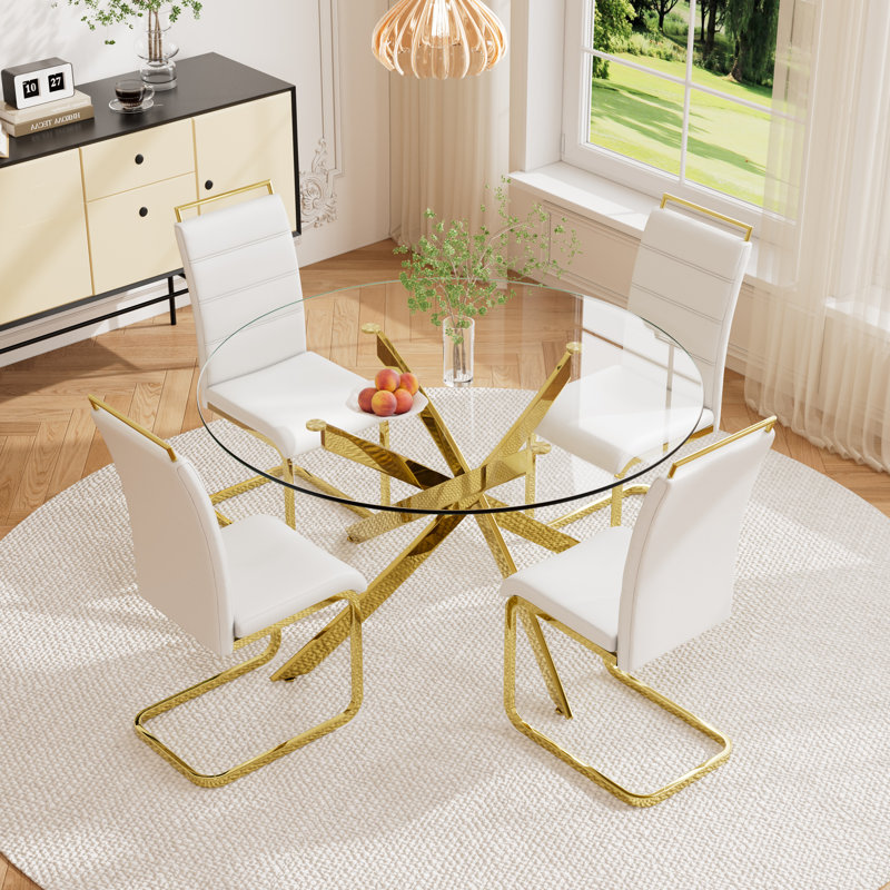 Ensemble de salle à manger 5 pièces, table en verre et 4 chaises, Blanc, 29.52" H x 47.20" W x 47.20" D