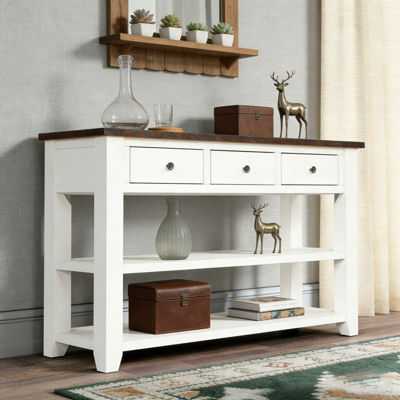 Console en bois de pin massif 48 po, table d'appoint moderne avec 3 tiroirs de rangement et 2 tablettes. Facile à assembler