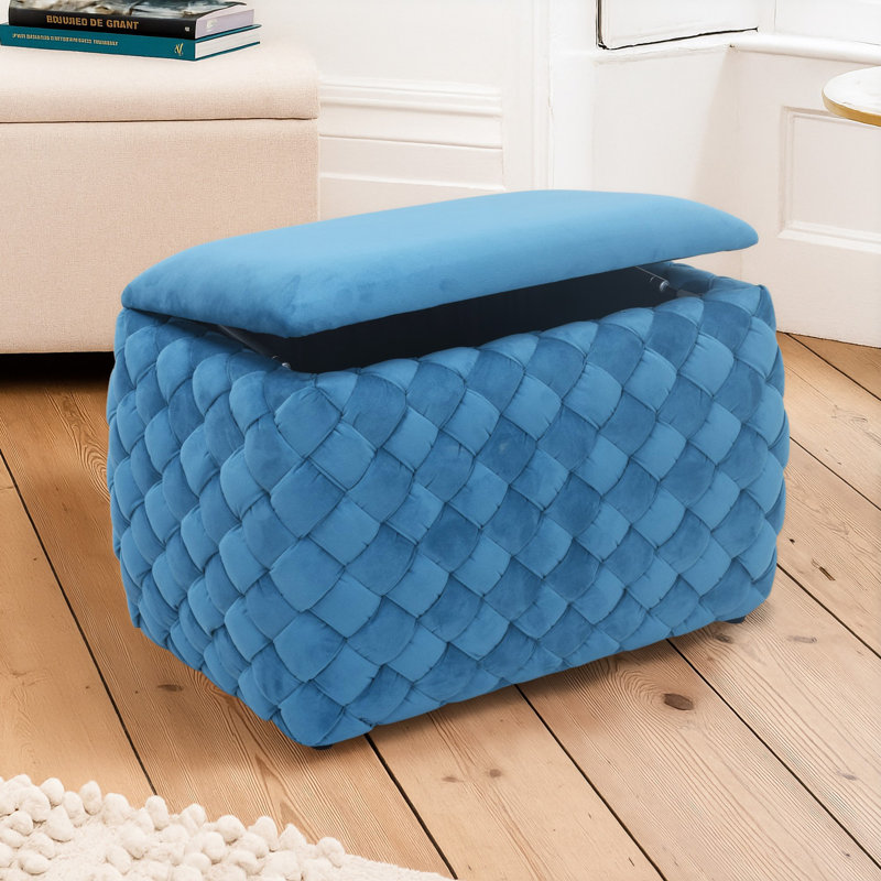 Adamarie 65cm Wide Velvet Rectangle Patchwork Standard Ottoman with Storage, Blue