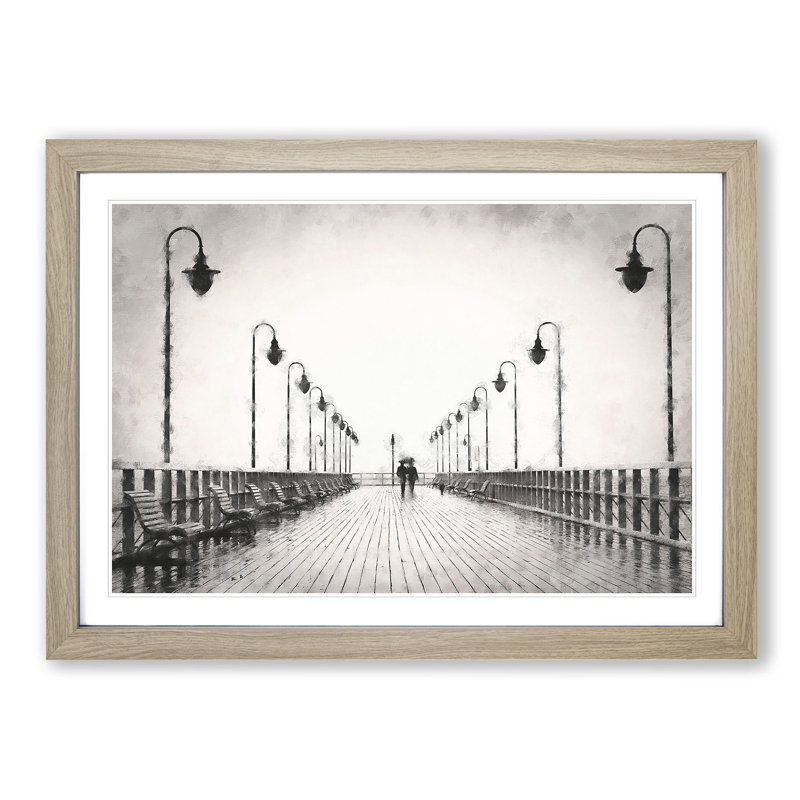Couple upon the Pier - Picture Frame Graphic Art Print, 45cm H x 63cm W x 2cm D, Oak Framed