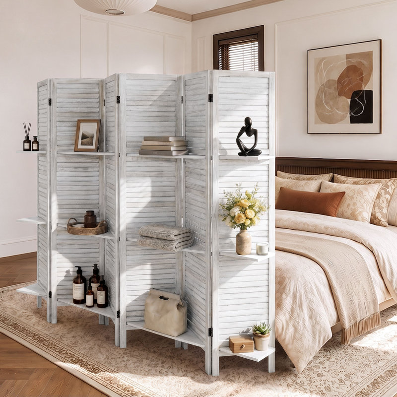 Paravent double face avec tablettes pour la séparation des pièces, 6, L 95 po x H 67 po, Blanc