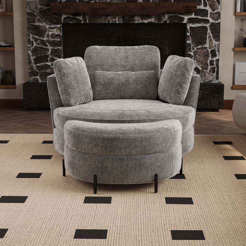 50" W Oversized Upholstered Swivel Barrel Chair With Ottoman, Gray