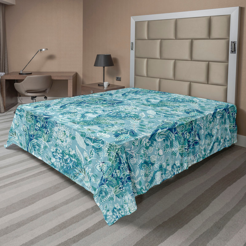 Ambesonne Flat Sheet Floral Grunge Art, Blue/White Floral, California King Flat Sheet