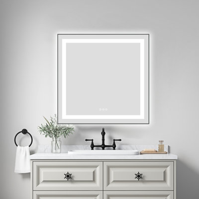 Miroir de salle de bain mural 20 po x 30 po à brouillard avec 3 températures de couleur, cadre en aluminium, avant et rétroéclairé, mémoire, gradation continue - brume de frêne, intensité variable,