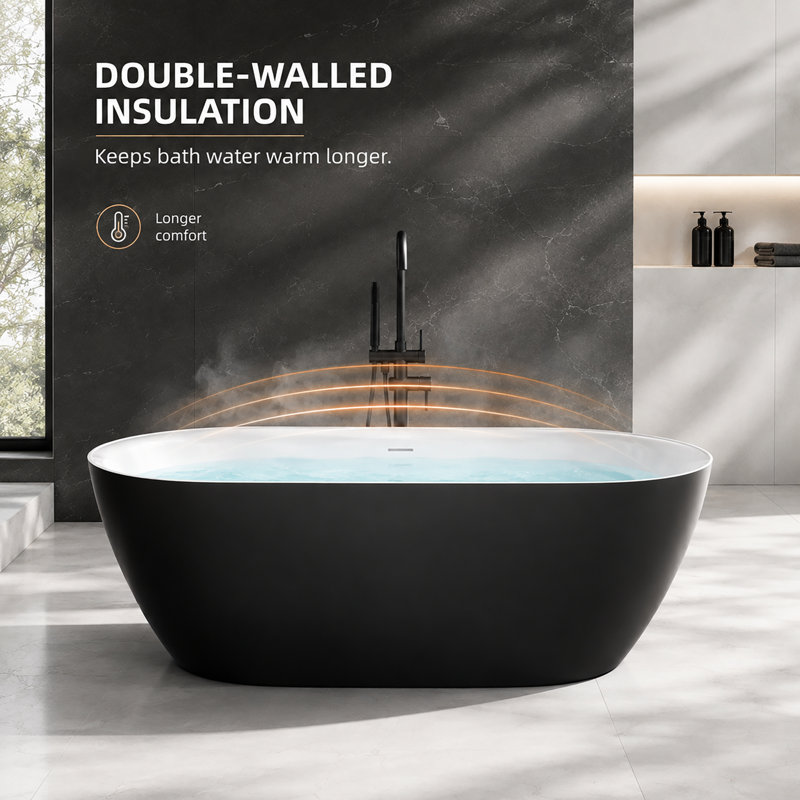 Baignoire ovale autoportante en acrylique de 150 cm (59 po) de profondeur, avec bonde centrale et trop-plein intégré, noir mat, profondeur d'immersion de 39 cm (15,5 po).