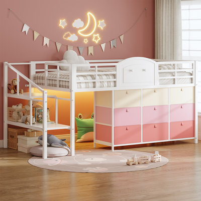 Lit mezzanine simple simple avec 9 tiroirs de rangement et tablettes pour escalier Lit mezzanine pour enfants avec espace de rangement sous le lit