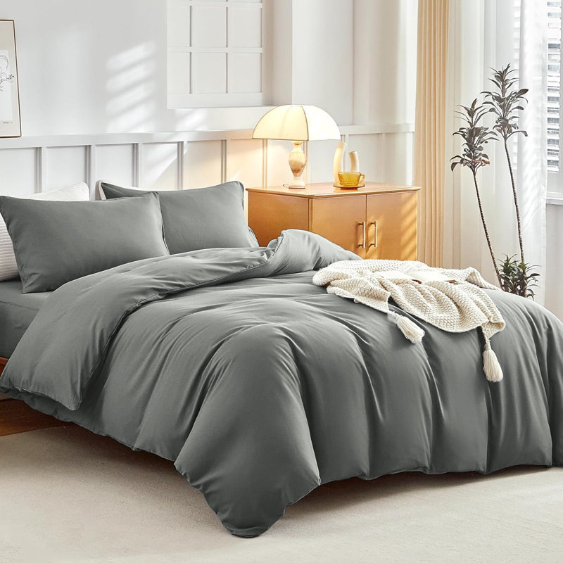 Ensemble de housse de couette en microfibre à double brossage gris avec taies décoratives - ultra doux, durable et résistant à la décoloration