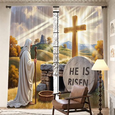2Pcs Religious Jesus Christ Portrait curtains, Light Filtering fabric, Vintage and Christian Cross "HE IS RISEN" print pattern, Sunshade privacy protection, rod-pocket design, suitable for living room, bedroom, kitchen home decoration